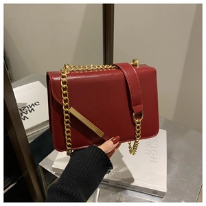 Detail of burgundy patent leather chain bag with elegant gold bar trim decoration