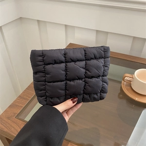 Women Korean Quilted Puffer Cosmetic Bag Large Capacity Solid Color Makeup Organizer Bag Nylon Cloud Clutch Storage Bag