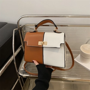 Women's Fashion Contrast Color Handbag PU Leather Metal Lock Shoulder Bag Commuter Small Square Crossbody Bag With Handle