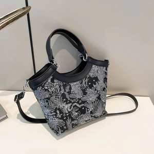 New Chinese Style Embroidered Satin Handbag For Women Vintage Floral Jacquard Tote Bag With PU Leather Trim And Shoulder Strap