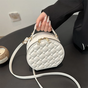 Women Quilted Round Crossbody Bag Fashion PU Leather Small Circle Shoulder Bag With Top Handle Golden Hardware Daily Casual
