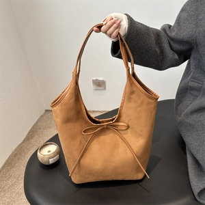 Women Retro Suede Tote Bag Bow Knot Large Capacity Shoulder Bag Solid Color Korean Style Commuter Hobo Fashion Handbag