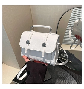 Close-up of white pleated leather small crossbody bag with silver buckles and handle