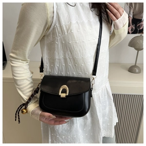 Close-up of black crossbody bag with golden horseshoe clasp and woven bell ornament