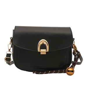 Minimalist black faux leather crossbody bag with golden buckle and decorative bell charm