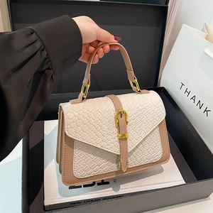 Sac Carré à Rabat Tressé pour Femme en Cuir PU à Main Avec Large Sangle en Tissu Géométrique Rétro Bandoulière
