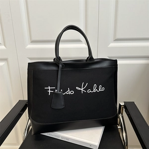 Retro canvas tote bag with Frida Kahlo lettering and black leather trim for women