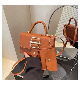 Close-up of caramel leather crossbody bag with gold metal buckle and matching coin purse