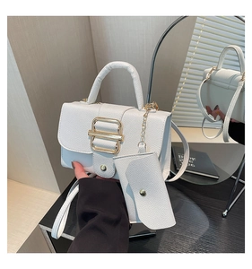 Detailed view of white litchi pattern handbag with gold buckle and matching coin purse