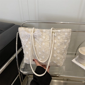 Women Fairy Lace Straw Woven Tote Bag Floral Embroidery Handbag With Bow Rope Handle Large Capacity Summer Vacation Shoulder Bag