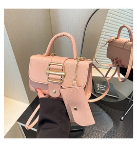 Detail view of pink litchi grain square bag with gold buckle and mini pouch accessory