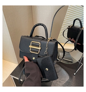 Detail of black lychee grain leather handbag with gold metal clasp and chain purse