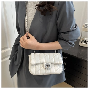 Detail of white quilted chain bag with silver round twist lock and woven leather strap