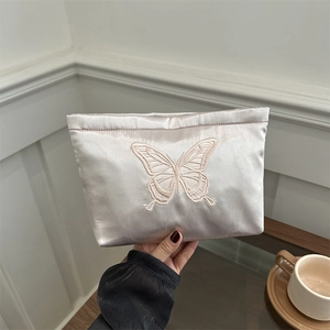 Elegant Butterfly Embroidered Satin Clutch Bag For Women Vintage Evening Purse Party Cosmetic Storage Bag With Zipper Closure