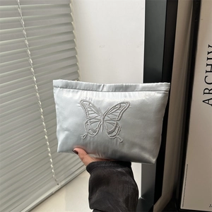 Elegant silver butterfly embroidered satin clutch bag for women with zipper closure