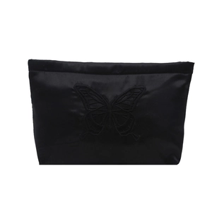 Elegant black satin butterfly embroidered clutch bag with a sleek minimalist rectangular shape