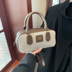Vintage Boston handbag in brown leather and beige canvas with adjustable shoulder strap