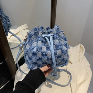 Fashion Korean Style Denim Bucket Bag For Women Star Checkered Pattern Drawstring Shoulder Crossbody Bag With Frayed Edges