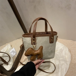 Bolso de Cubo de Lona y Cuero PU Vintage Patchwork Mujer Bolso de Mano Pequeño Amuleto de Cachorro Correa Ajustable