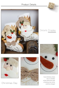 Detail of Santa and Snowman Christmas stockings with gold glitter bow and velvet texture