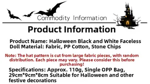 Specifiche del gnomo di Halloween con dettagli su materiali, dimensioni e peso del prodotto