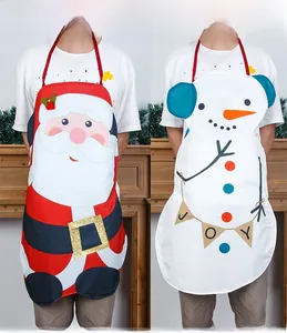 Detail of Christmas aprons featuring Santa Claus and snowman patterns for festive cooking
