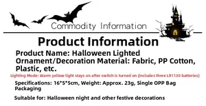 Technical specifications for LED Halloween gnome pendant showing size and battery details