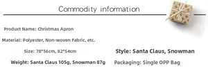 Polyester Christmas apron specifications showing Santa and Snowman styles with dimensions