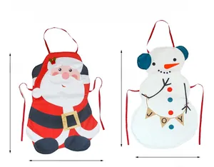 Detail view of Santa Claus and Snowman Christmas aprons with specific size measurements