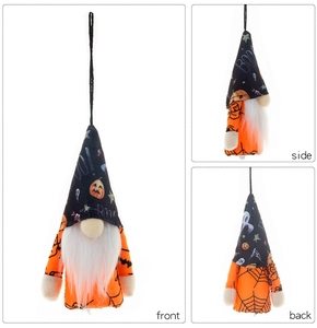 Three-sided view of a Halloween gnome plush with orange pumpkin and spider web patterns