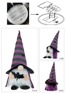 Λεπτομερείς όψεις του διακοσμητικού νάνου Halloween με θήκη μπαταριών και οπίσθια όψη