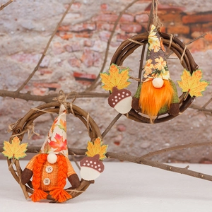 Autumn Harvest Thanksgiving Gnome Rattan Wreath Ornament Maple Leaf Acorn Hanging Decoration For Home Festival Party Decor