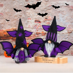Detail of plush Halloween gnome set with purple bat wings and spider wizard hats