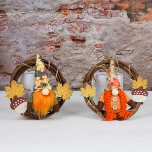 Autumn harvest gnome wreaths featuring maple leaves and acorns for Thanksgiving home decor