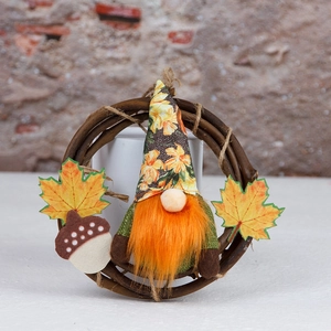 Fall harvest gnome wreath with maple leaves and acorn on a rustic vine ring decor