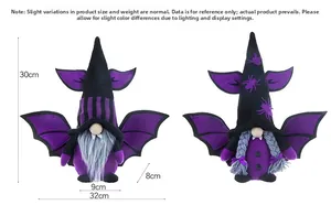 Detailed dimensions of Halloween bat gnome plush with purple wings and striped hats