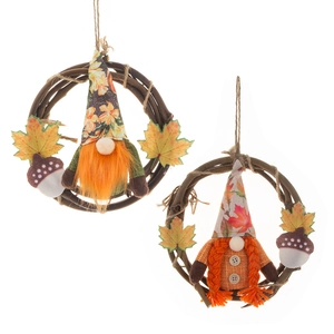 Fall harvest gnome wreath set with maple leaves and acorns for Thanksgiving home decor