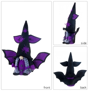 Three views showing front side and back of a plush Halloween gnome with purple wings