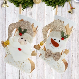 Set of two festive 3D Christmas stockings with Santa and Snowman in white and gold tones