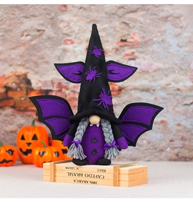 Detailed plush Halloween gnome with purple bat wings and spider patterns on a festive backdrop