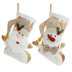 Set of two champagne gold Christmas stockings with 3D Santa and Snowman plush decorations