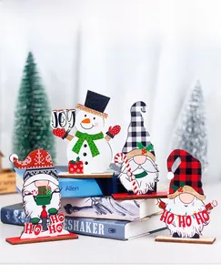 Set of four wooden Christmas gnome and snowman desktop ornaments with JOY sign