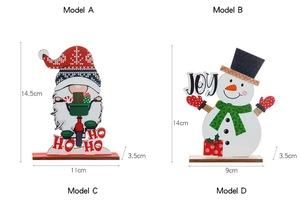 Detailed size view of wooden Christmas desk ornaments featuring gnome and snowman designs