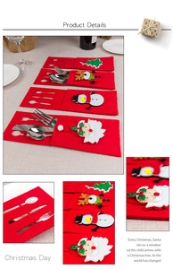 Detail of four Christmas felt cutlery holders with Santa, Snowman, and Reindeer patterns