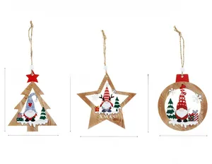 Detailed view of wooden Christmas ornaments featuring gnomes and snowflake cutouts
