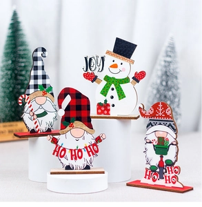 Set of 4 Christmas wooden gnome and snowman table signs with Joy and Ho Ho Ho text