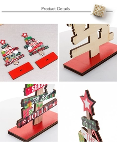 Detail view of DIY wooden Christmas tree assembly with red base and festive patterns