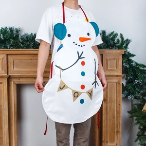 Christmas snowman apron with JOY flag and red ties for festive holiday kitchen cooking