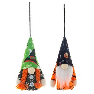 Set of two glowing Halloween gnomes with witch hat and Boo pumpkin patterns