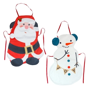 Christmas themed adult aprons featuring cartoon Santa and Snowman with Joy lettering